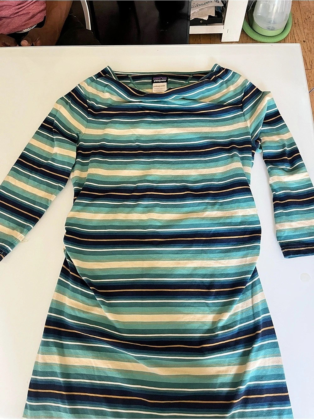 Patagonia Striped Organic Cotton Midi Dress in Green & Blue